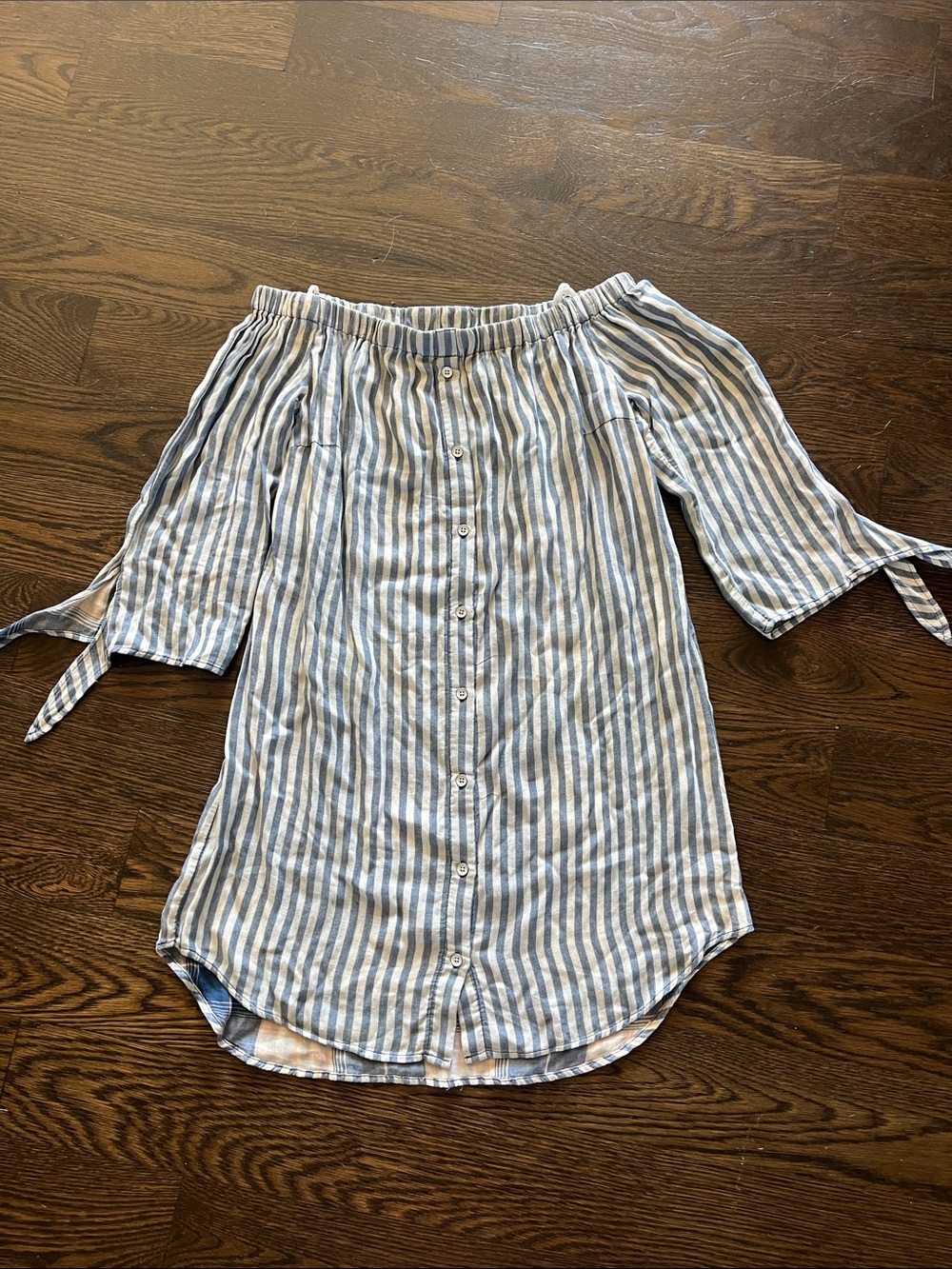 NEW cloth & stone Blue White Striped Off-Shoulder Button-Front Top ties arms S